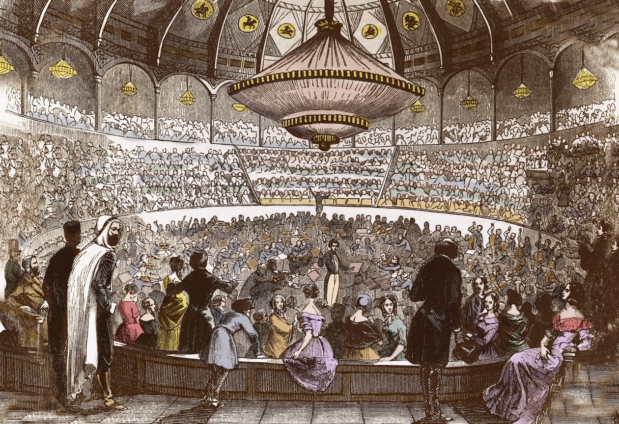 Berlioz dirigerar sin konsert den 19 januari 1845 på Cirque Olympique i Paris - Hector Berlioz (1803-1869), i hallen på den olympiska cirkusen på Champs Elysees i Paris av French School