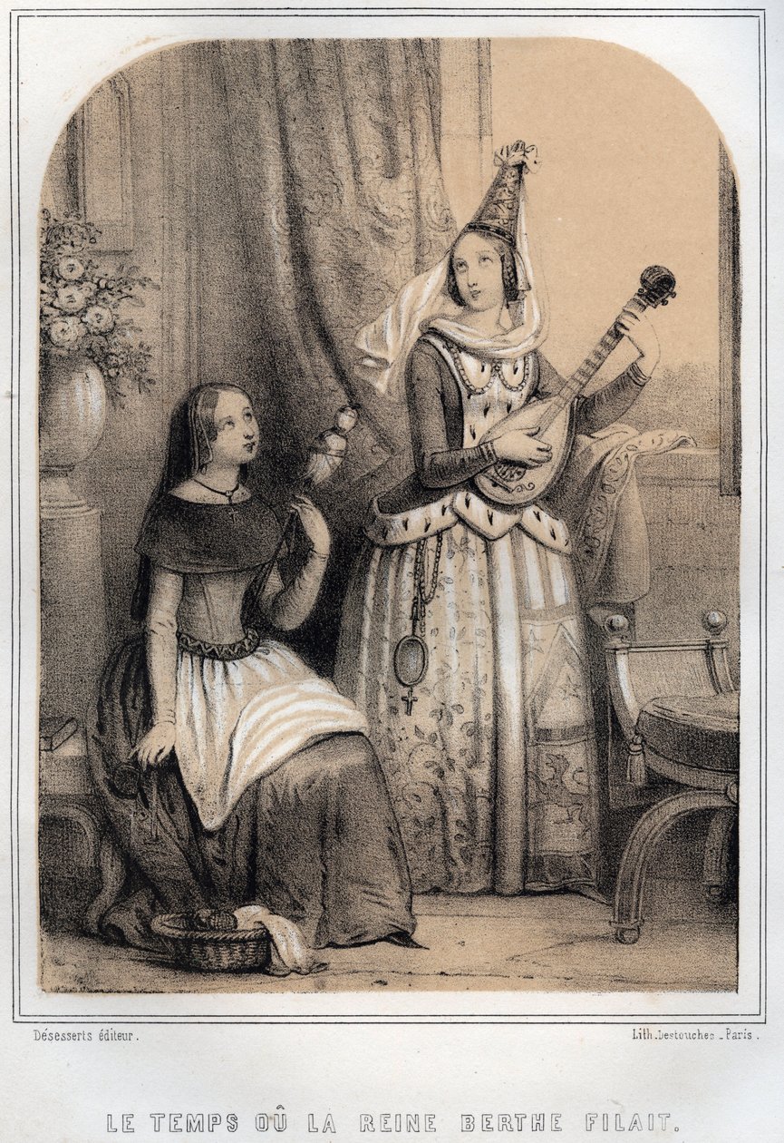 Berthe de Swabia (Bourgogne) känd som Filandiere eller drottningen spinning (907-966) - gravyr i "" THE SOURIES DE MON FARDER MEMORIES ET RECITTS DE Voyages" av MORING MICHEL - Slutet av 1800-talet av French School