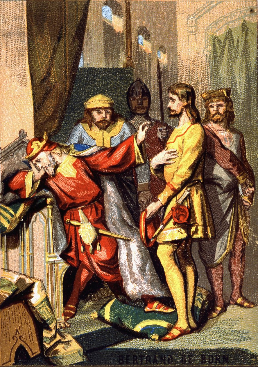 Bertran (Bertrand) de Born (1140 - 1215) trubadur perigordin, herre av Hautefort, före Henrik II (1133 - 1189) av England. Chromolithography of the Series "" Patriotic Education through Image"". av French School