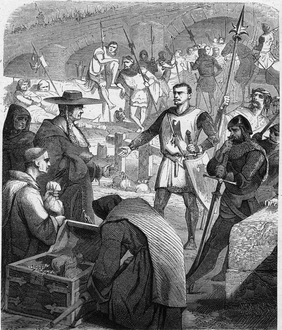 Bertrand du Guesclin (Duguesclin) (ca 1320-1380) konstapel från Frankrike som vägrar ta emot pengar från invånarna i Avignon. Gravyr i "Frankrikes historia i hundra målningar av Paul Lehugeur" ​​1891. av French School