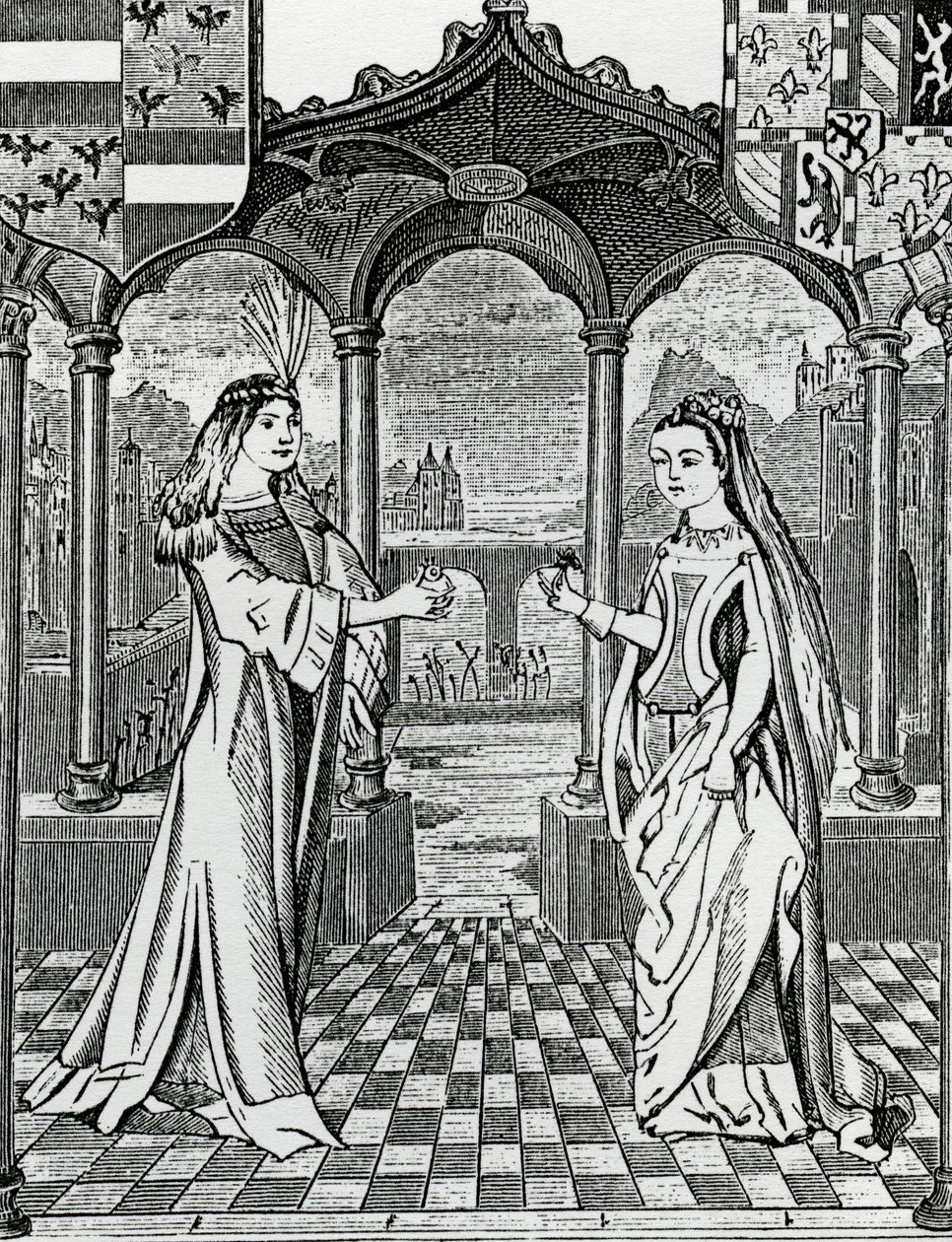 Trolovning av Maximilian I och Maria, hertiginnan av Bourgogne 1477, efter en bild i Chroniques de Flandre av French School