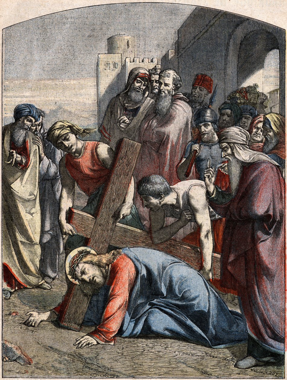 Bibelscen - Korsets väg: Jesus faller för första gången. Gravyr i "" Le Pelerin"" av 3 maj av French School