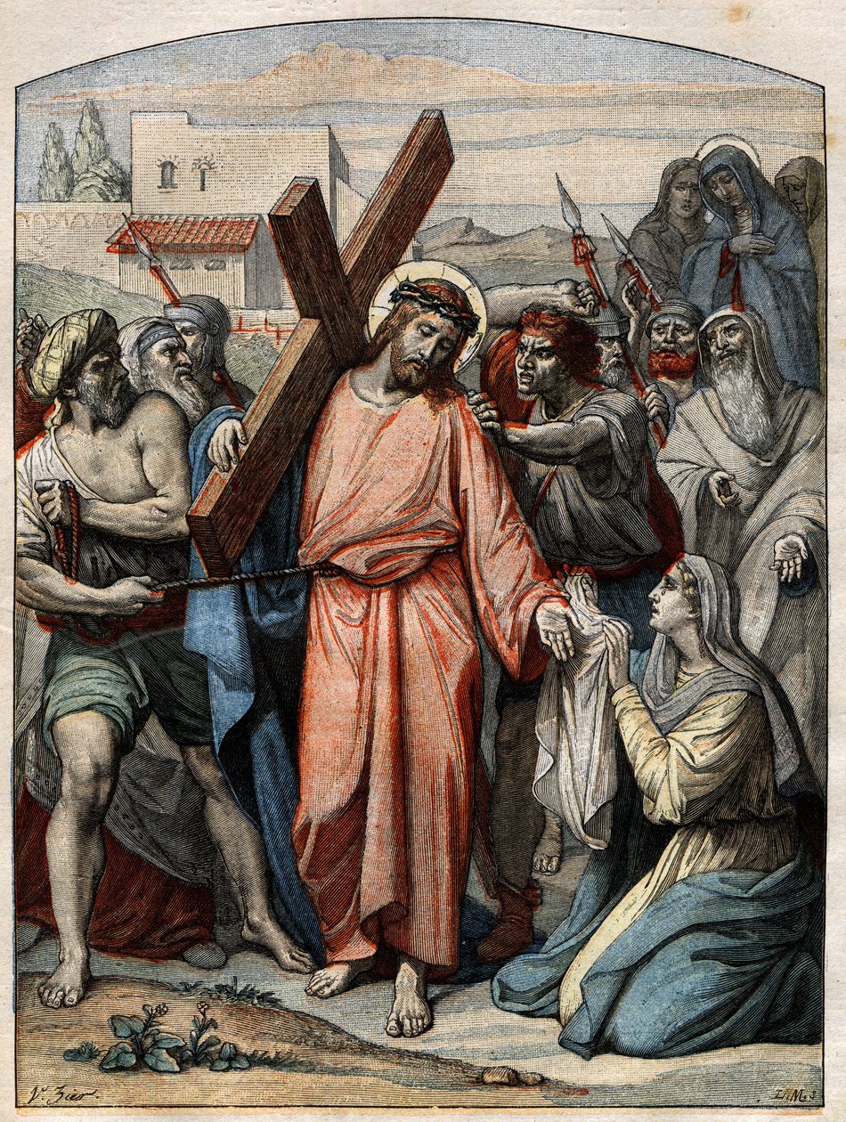 Bibelscen - Korsets väg: Jesus får sitt ansikte torkat av St. Veronica. Gravyr i "" Le Pelerin"" av den 20 september 1896. av French School