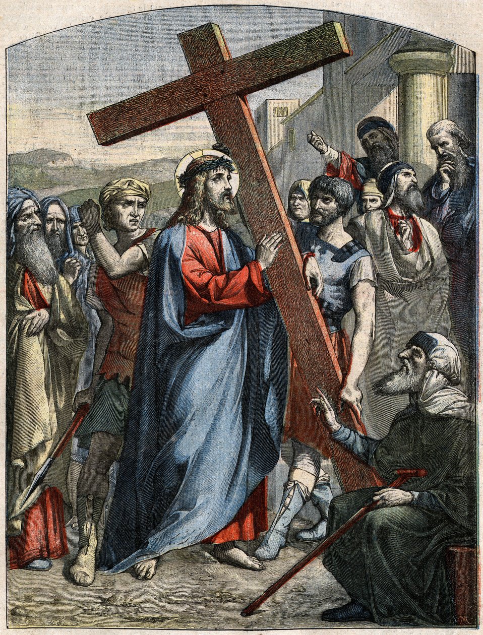 Bibelscen - Korsvägen: Jesus är korsets börda. Gravyr i "" Le Pelerin"" av 3 maj av French School