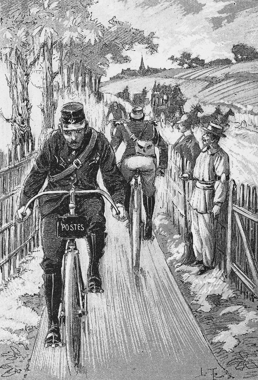 Cykelväg för faktorer: Swift projektbana av M. Berruyer - i "Theoretical and Practical Cycling"" de l. Baudry de saunier, gravyr, Bibl. de la ville de Paris. av French School