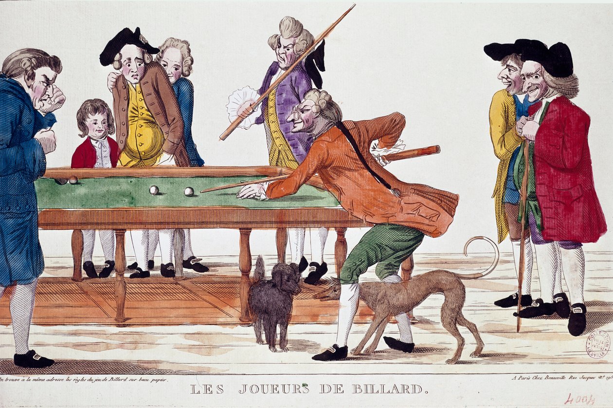 Biljardspelare (årets termidor 8 i den revolutionära kalendern) (1800). Tecknad serie. Färggravyr av den revolutionära periodens franska skola. Paris, Musée Carnavalet av French School