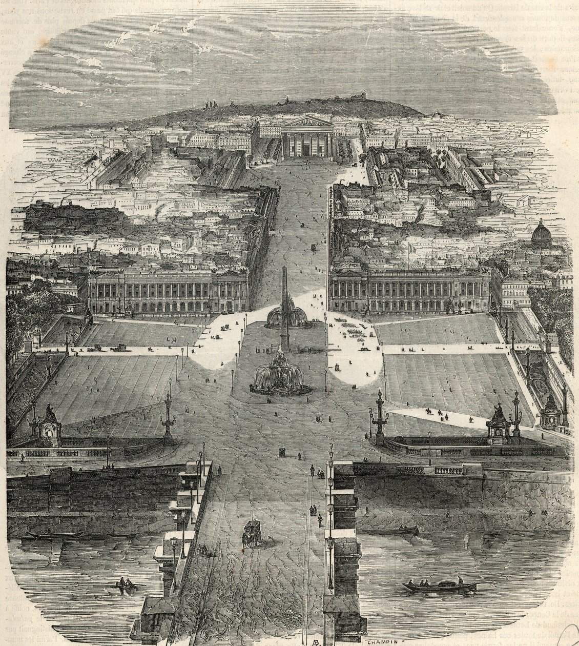 Fågelvy av Place de la Concorde, rue Royale med kyrkan Madeleine - Gravyr i "Tableau-de-Paris" av Edmond Texier 1852 av French School