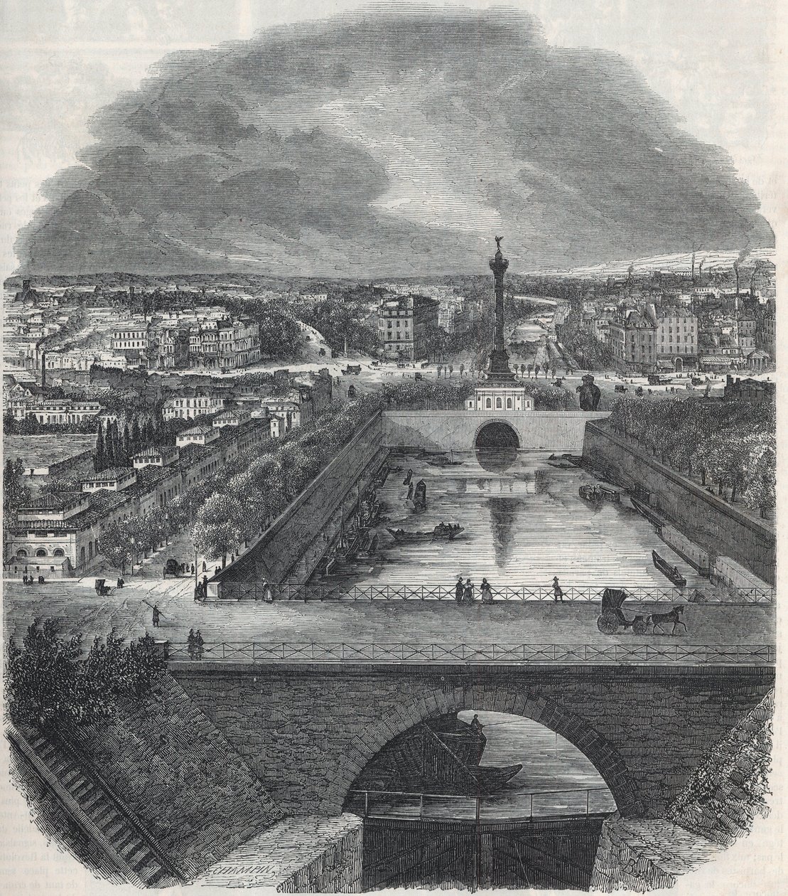 Fågelvy av Canal Saint-Martin (Saint Martin), Place och Bastille-distriktet, tagen från Seines högra strand - Gravyr i "Tableau-de-Paris" av Edmond Texier 1852 av French School