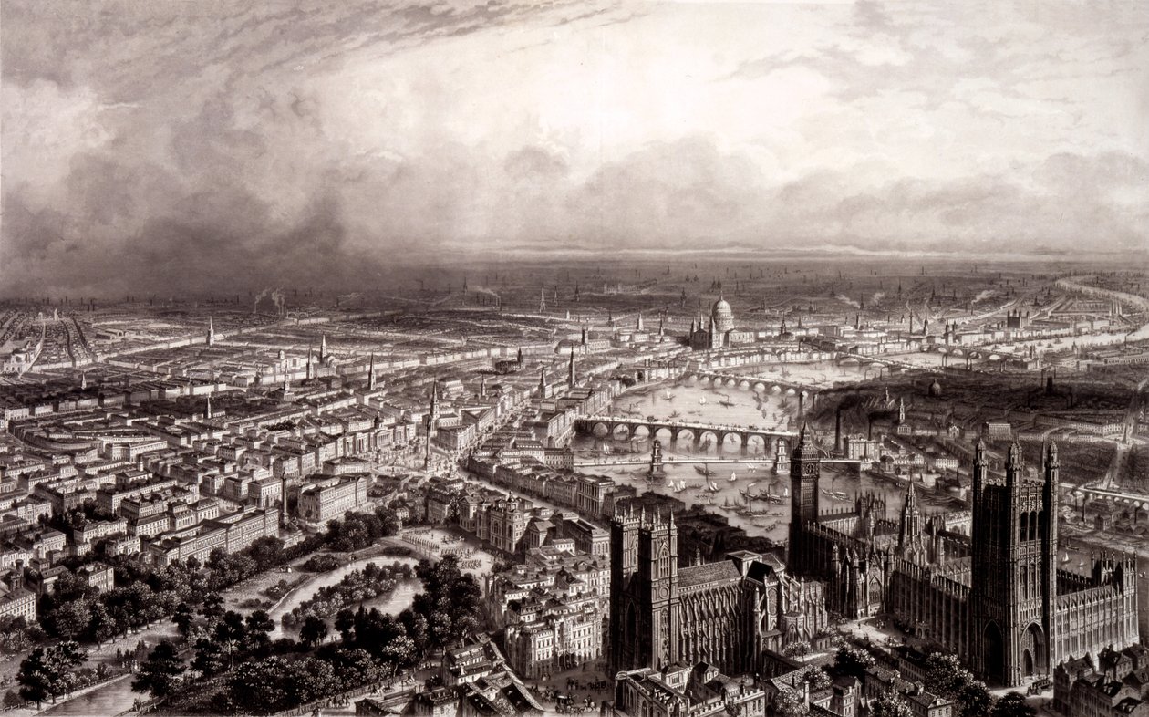 Fågelperspektiv av London, ca 1840-55 av French School
