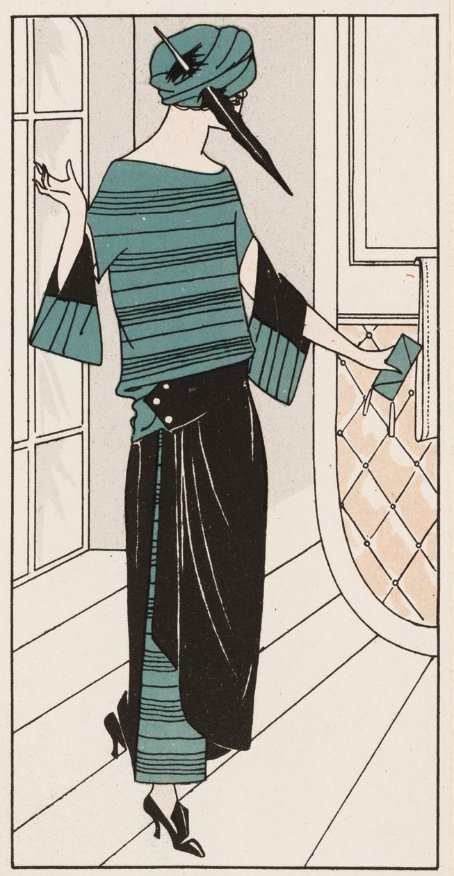Svart och turkos Crepe de Chine-klänning från 1920-talet (färglitografi) av French School