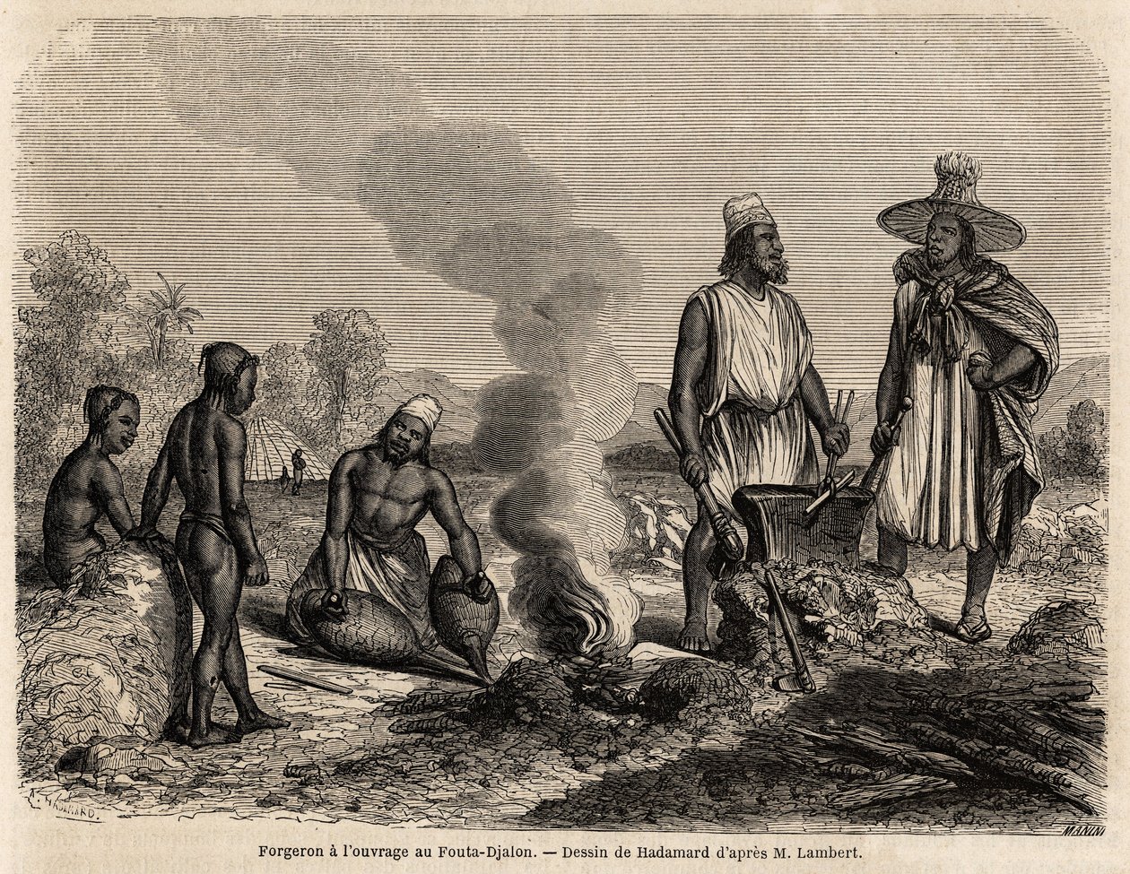 Smeden har arbetet på Fouta Djalon (Senegal), ritning av Hadamard, för att illustrera löjtnant Lamberts resa till Fouta Djalon 1860. Gravyr i "" Le tour du monde"" 1861. Selvas samling. av French School