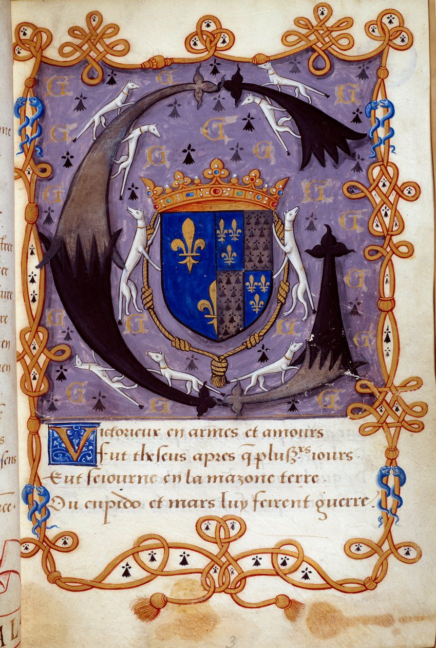 Blazon av drottning Claude av Frankrike (1499-1524), fru till Francois I. Miniatyr från ett 1500-talsmanuskript. Chantilly, Conde Museum av French School