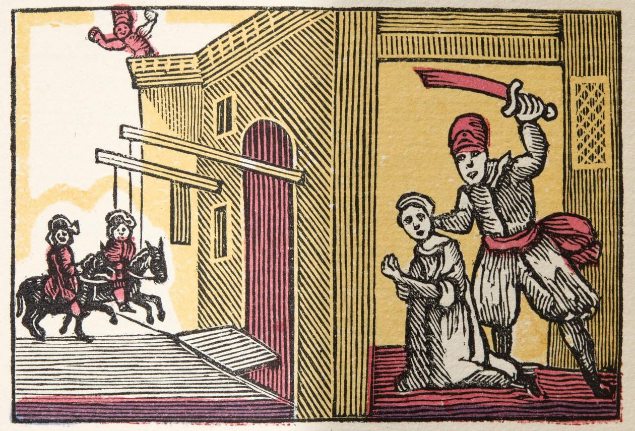 Blue Beard från Historier eller berättelser om förflutna tider berättade av Mother Goose, With Morals, av M Perrault, pub. 1925 (handfärgat träblockstryck) av French School