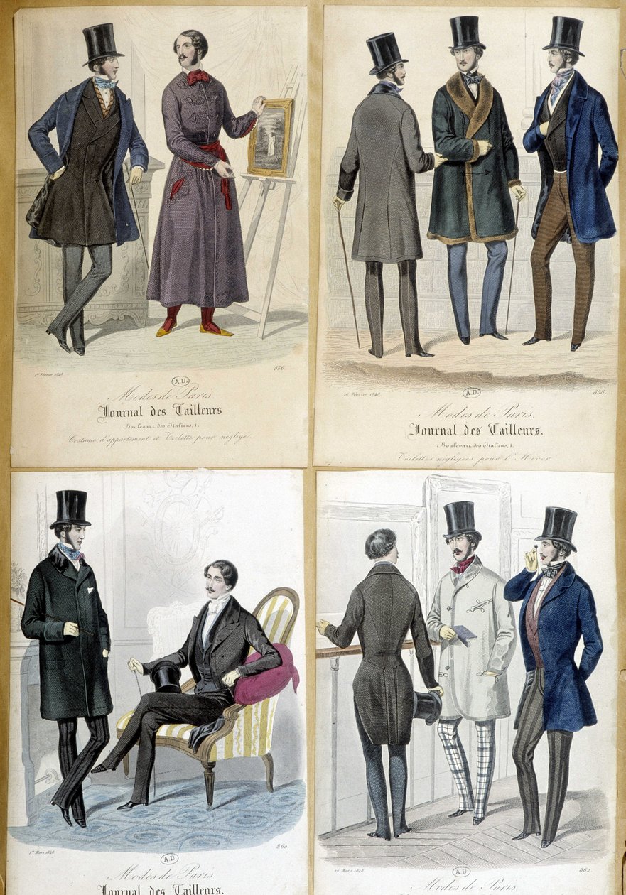 Tavlor som illustrerar herrmode från "Journal des tailors"" från 1848. av French School
