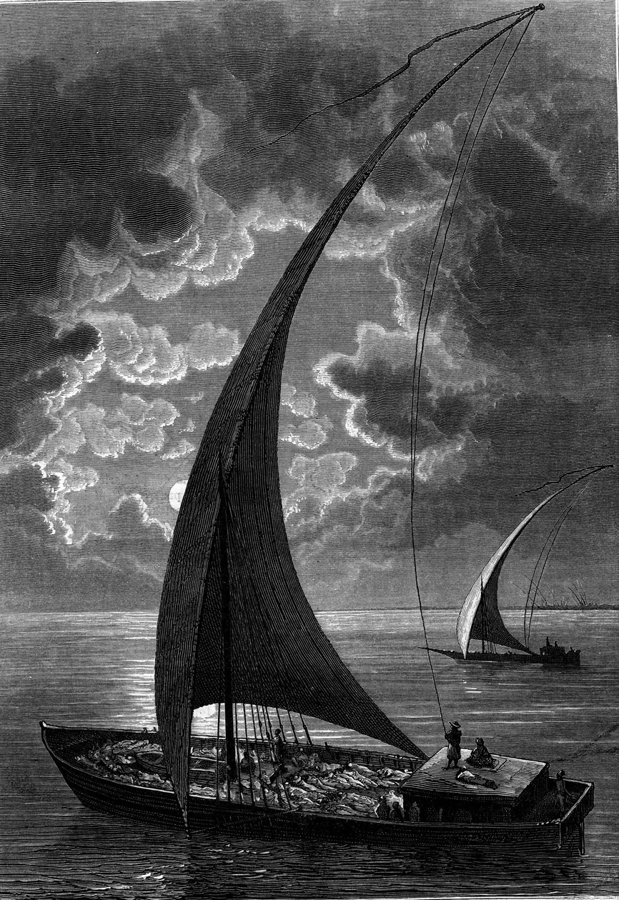 Båt (felouque) på Nilen, Egypten. Gravyr i "The Journal of Youth" av French School