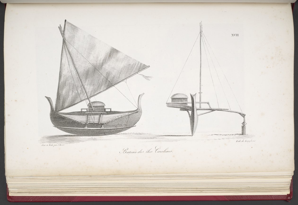 Båt från Carolineöarna, från A Picturesque Voyage Around the World, med porträtt av vildar från Amerika, Asien, Afrika och öarna i det stora havet; landskap, havsutsikt och flera naturhistoriska föremål; tillsammans med av French School