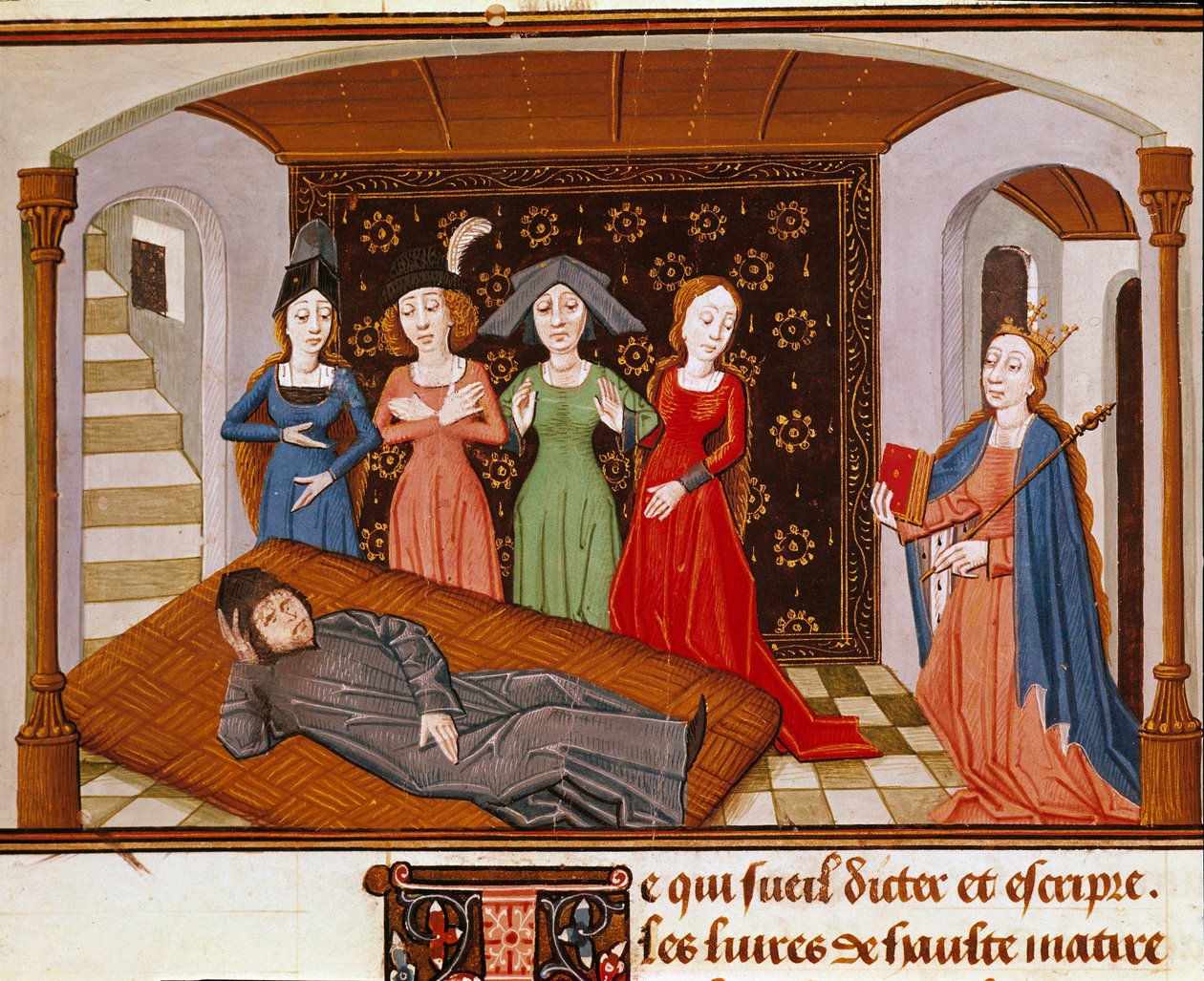 Boece (Boetius) omger filosofi och muser. Miniatyr hämtad från "The Consolation of Philosophy"" (Filosofins tröst) av Boece (eller Anicius Manlius Torquatus Severinus Boetius eller Boethius) översatt av Johannes av Meung (1240-1305). Rouen. Kommunal av French School