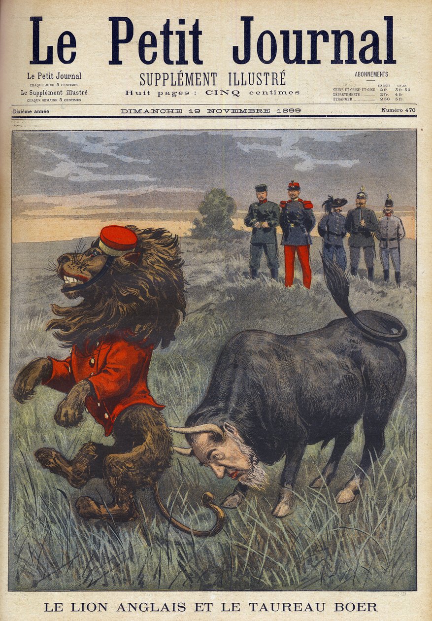 Boer War - The English Lion and the Boer Bull - Afrikanertjuren, med Paul Kruegers huvud, attackerar det brittiska lejonet. Engelsk tecknad serie från ett novembernummer 1899 av 