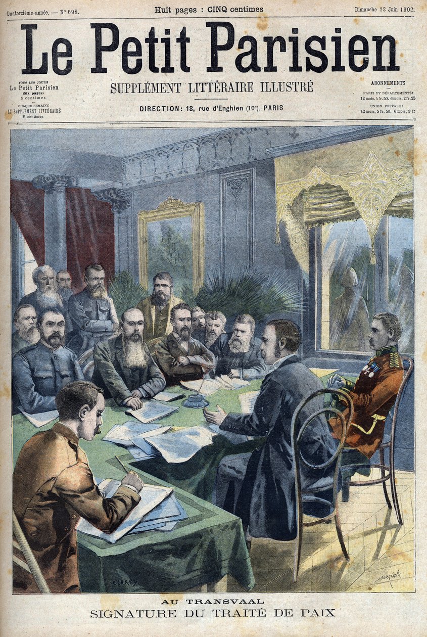 Boerkriget. Undertecknandet av Transvaals fredsavtal mellan boerhövdingar och den brittiske generalen Horatio Herbert Kitchener (1850-1916) i Pretoria, Sydafrika. Gravyr i "" Le Petit Parisien"" av French School