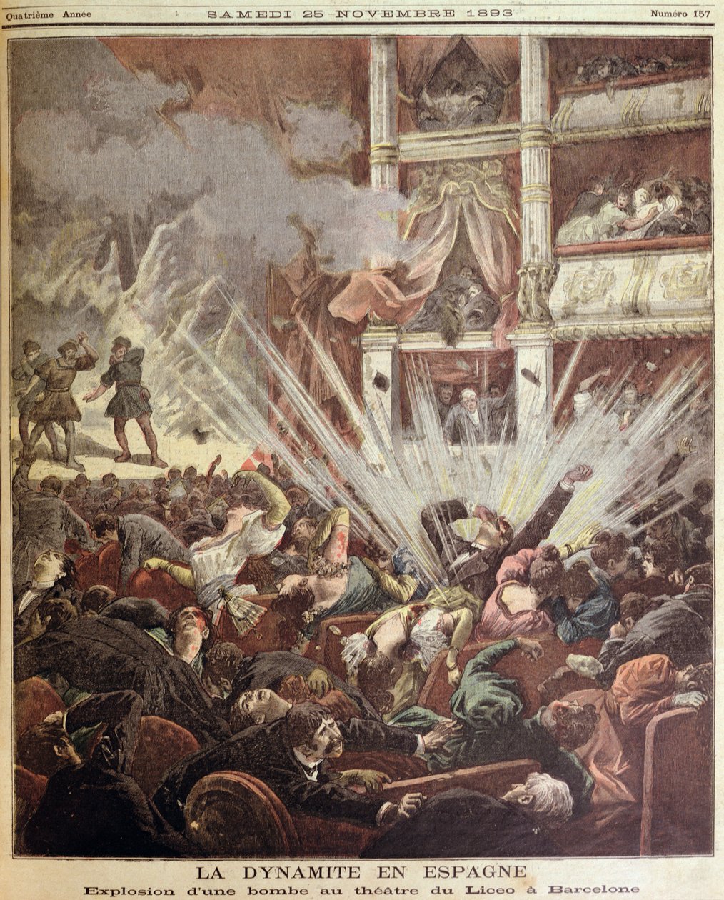 Bombexplosion i Liceu Theatre, Barcelona, illustration från Le Petit Journal, 25 november 1893 av French School