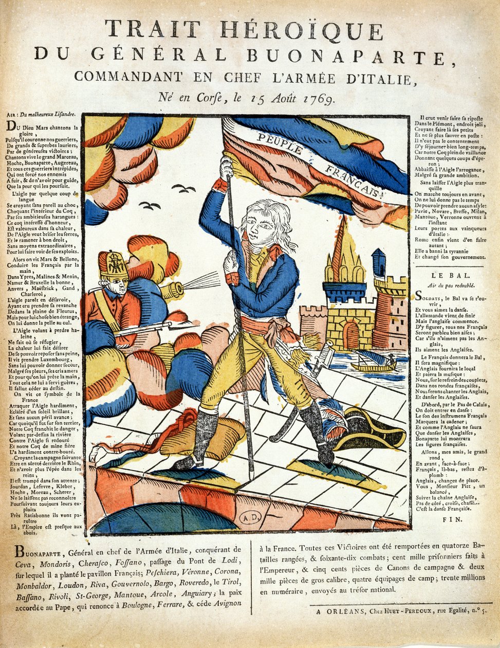 Bonaparte (1769-1821) planterar den franska flaggan på Lodi-bron den 10 maj 1796 från LImagerie Populaire av P.L.Duchartre och R. Saulmier av French School