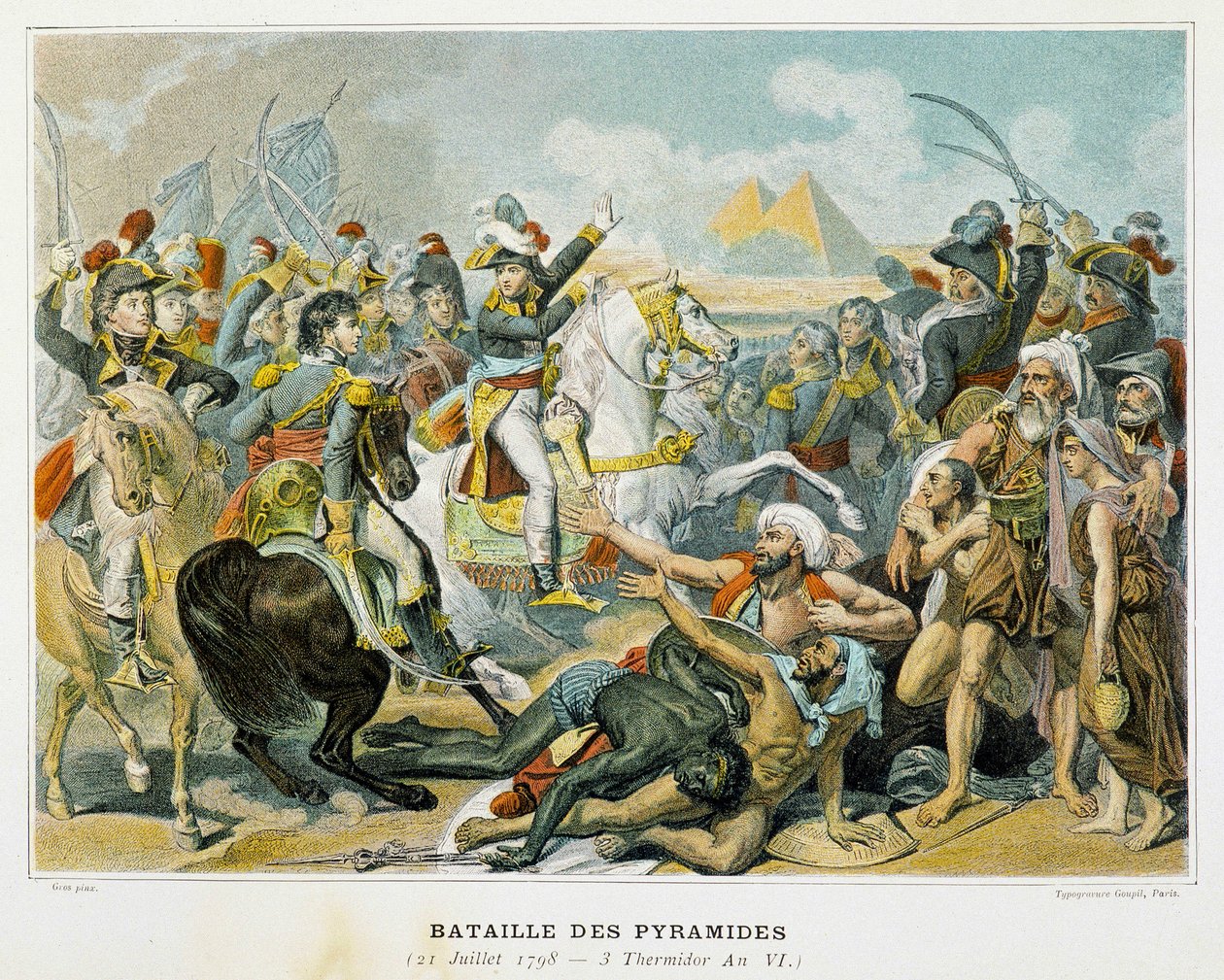 Bonaparte (mitten) och hans trupper under slaget vid pyramiderna den 21 juli 1798. av French School