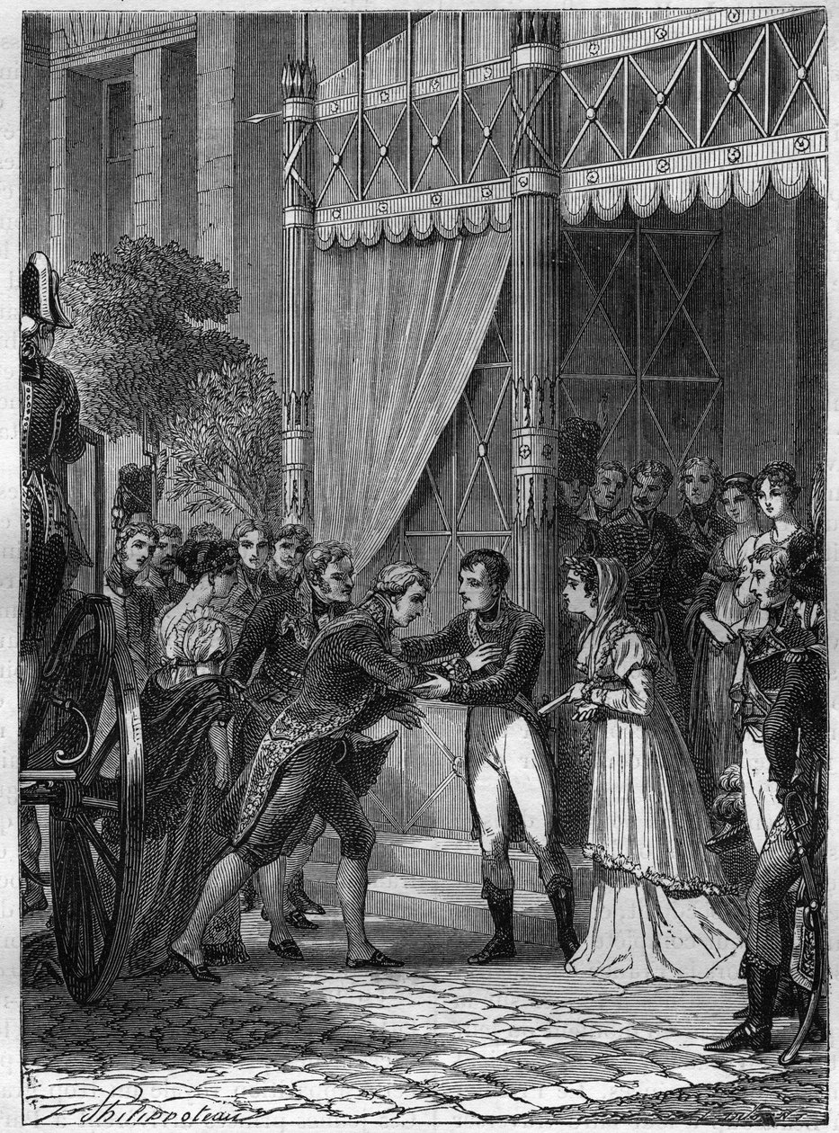 Bonaparte och Josephine de Beauharnais tar emot den unge kungen av Etrurien, Ludvig I (Louis I av Bourbon eller Ludovico I av Borbone) (1773-1803), åtföljd av sin fru Marie Louise (Marie Louise) av Bourbon (1782-1824) i deras hus i Malmaison i juli 180 av French School