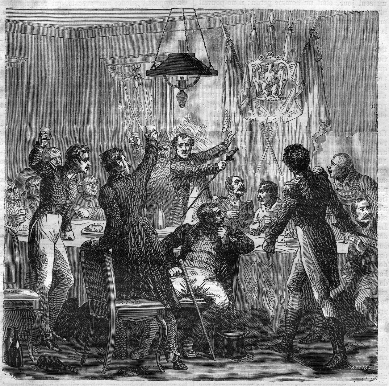 Bonapartistisk bankett under restaureringen mellan det första imperiets fall den 6 april 1814 och de tre glorieusernas revolution den 29 juli 1830. Gravyr i "Histoire des Papes-Rois-Queen and Empereurs a travers les centuries" av Maurice Lachat av French School