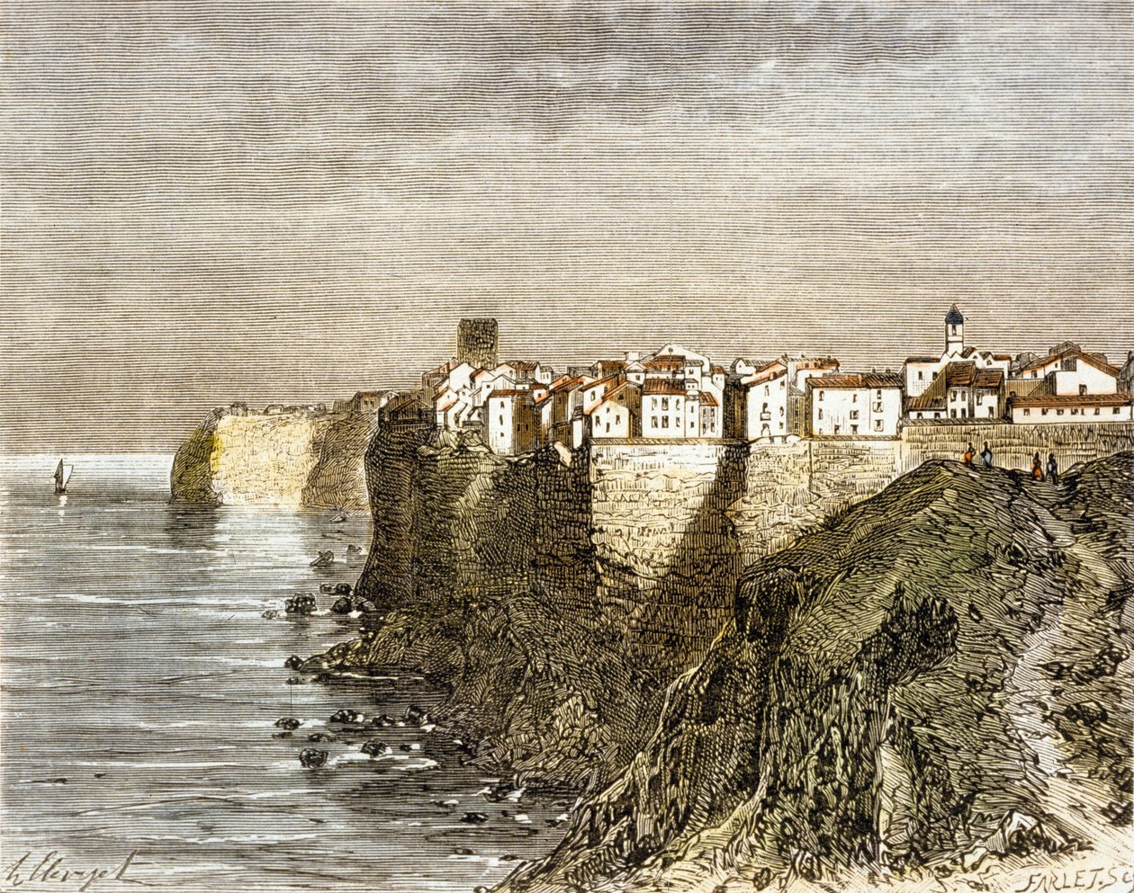 Bonifacio, Korsika (färggravyr) av French School