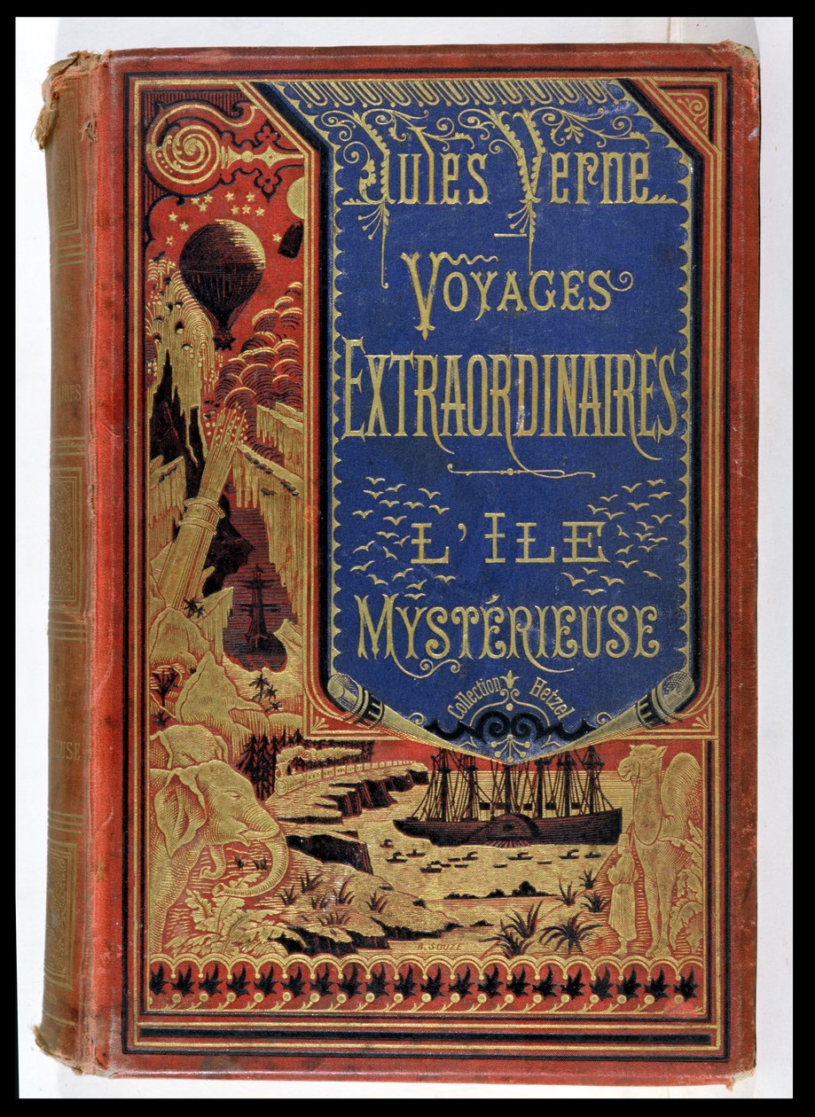 Bokomslag av The Mysterious Island av Jules Verne (1828-1905), upplagor Hetzel 1875 av French School