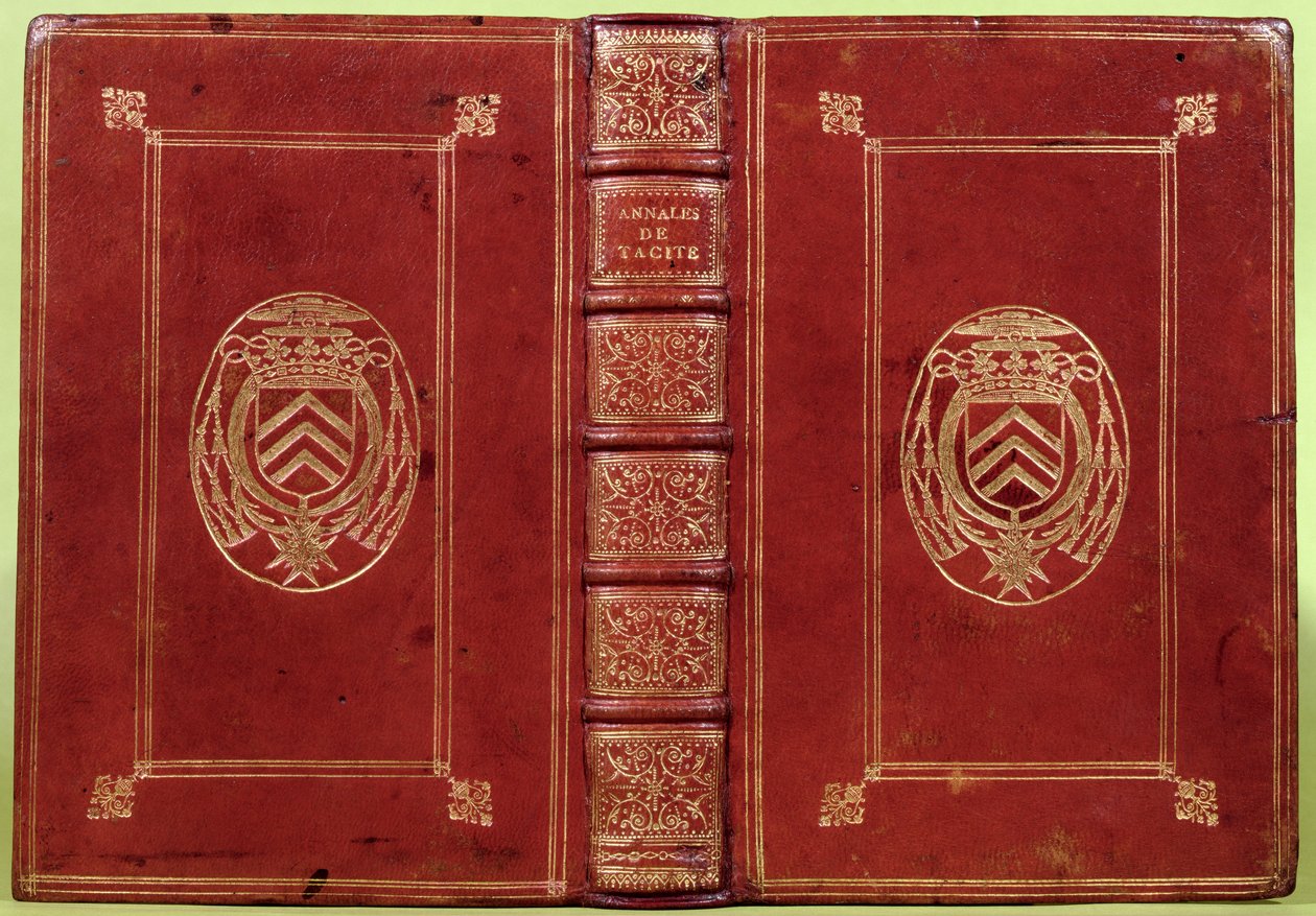 Bokomslag till Annals of Tacitus med Armand-Jean du Plessis, kardinal Richelieu (1585-1642) vapen (rött läder och guld) av French School
