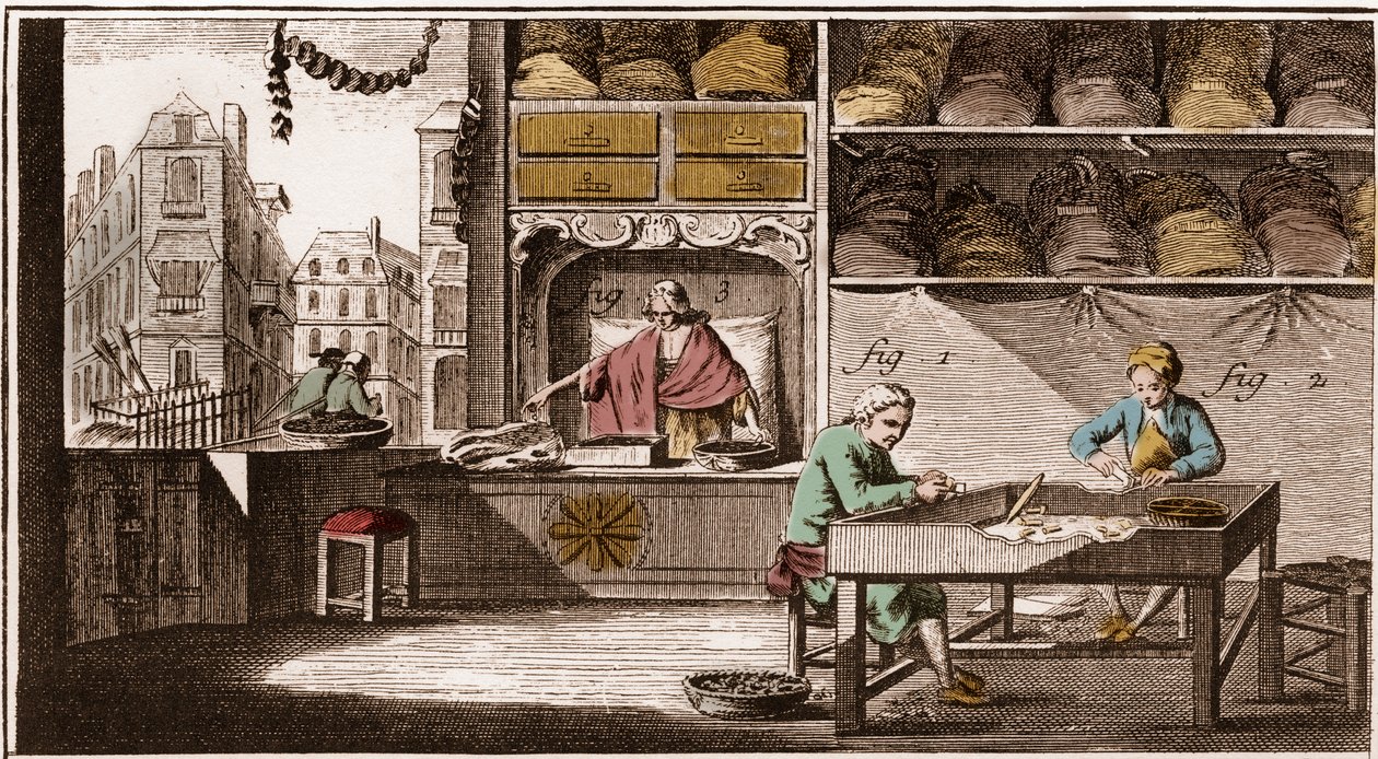 Bouchonnier, tillverkning av korkproppar - "" La Grande Encyclopédie, ou Dictionnaire Raisonne des Sciences, des Arts et des Metiers" (Encyclopedia or Dictionary of the Sciences, Arts and Professions) av Denis Diderot (1713-1784) och Jean d