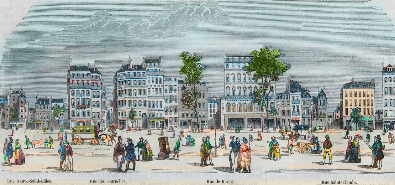 Boulevard Beaumarchais södra sida - rue Neuve-Saint-Gilles - rue des Tournelles - rue de Harlay - rue Saint-Claude - Gravyr i "Tableau-de-Paris" av Edmond Texier 1852 av French School