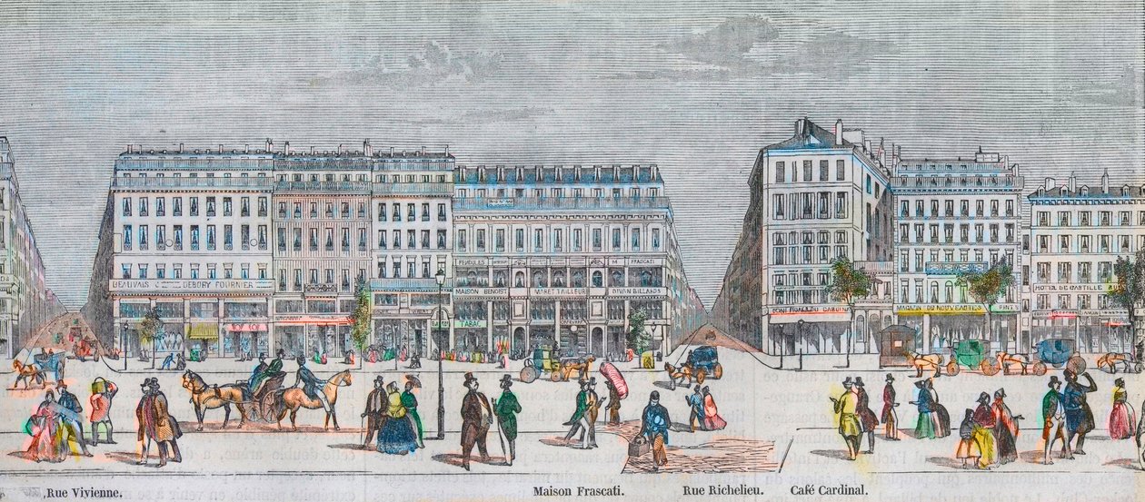 Boulevard Montmartre på södra sidan och boulevard des Italiens på södra sidan - Rue Vivienne - Maison Frascati - Rue Richelieu - Cafe Cardinal - Gravyr i "Tableau-de-Paris" av Edmond Texier 1852 av French School