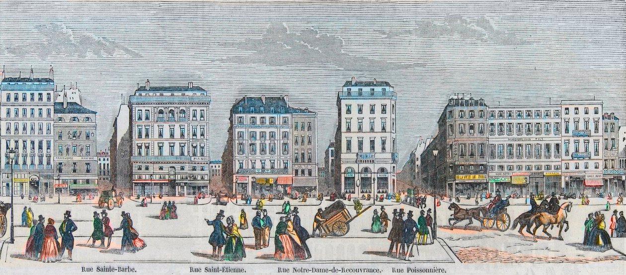 Boulevard Poissonniere - Rue Saint Barbe - Rue Saint Etienne - Rue Notre Dame de Reouvrance - Rue Poissonniere - Graverad i "Tableau-de-Paris" av Edmond Texier 1852 av French School