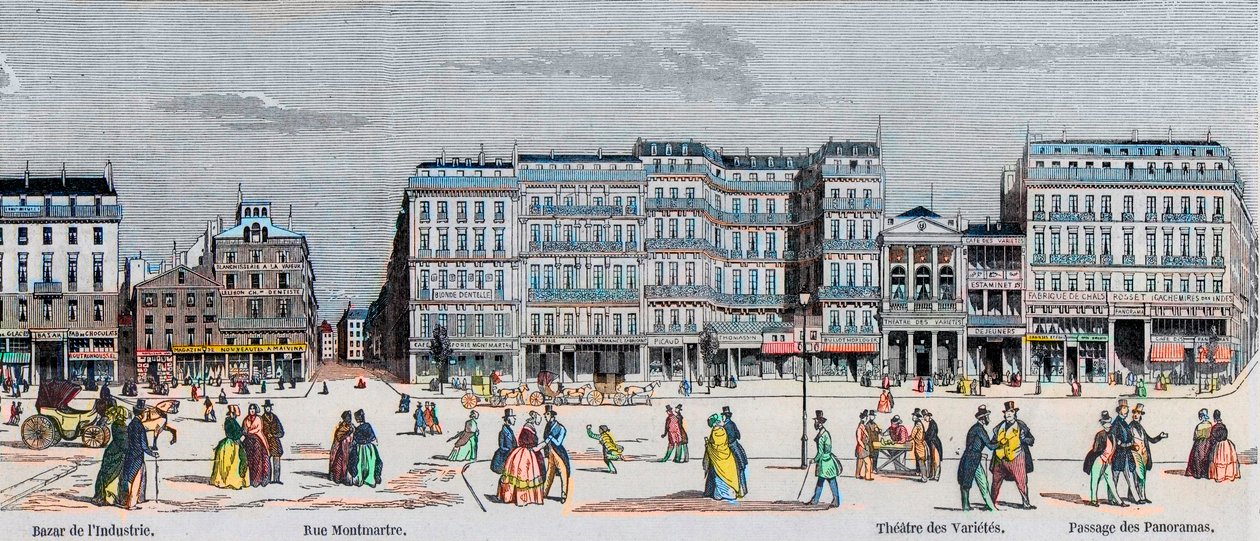 Boulevard Poissonniere och Boulevard Montmartre - industribasar - Rue Montmartre - Theatre des Varietes och passage des Panoramas - Gravyr i "Tableau-de-Paris" av Edmond Texier 1852 av French School