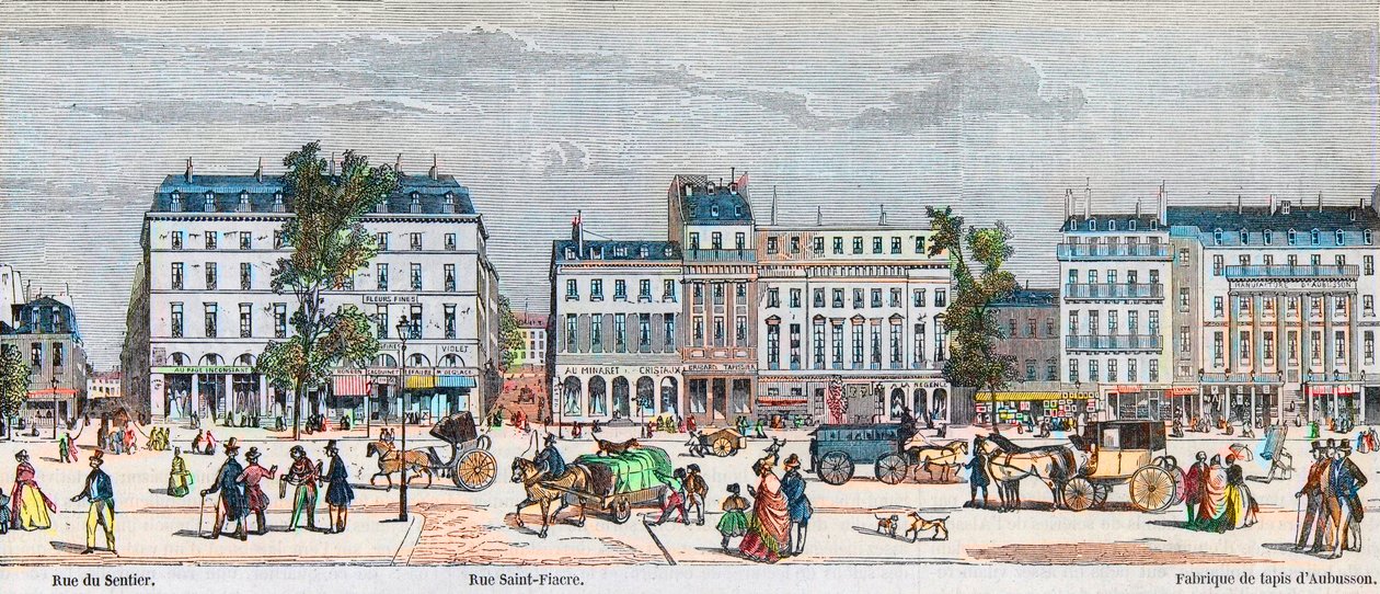Boulevard Poissonniere södra sidan - Rue du Sentier - Rue Saint Fiacre - Gravyr i "Tableau-de-Paris" av Edmond Texier 1852 av French School