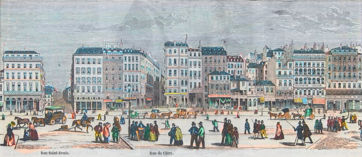 Boulevard Saint-Denis och Boulevard Bonne-Nouvelle - Rue Saint-Denis - Rue de Clery - Gravyr i "Tableau-de-Paris" av Edmond Texier 1852 av French School