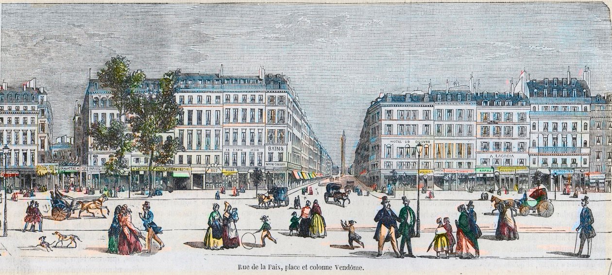 Boulevard des Capucines (södra kusten) - Rue de la Paix, plats och Vendome-kolumn - Gravyr i "Tableau-de-Paris" av Edmond Texier 1852 av French School