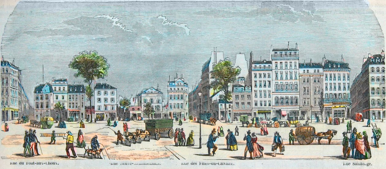 Boulevard des Filles du Calvaire och Boulevard du Temple - Rue Pont aux Choux - Rue des Filles-du-Calvaire - Rue Saintonge - Graverad i "Tableau-de-Paris" av Edmond Texier 1852 av French School