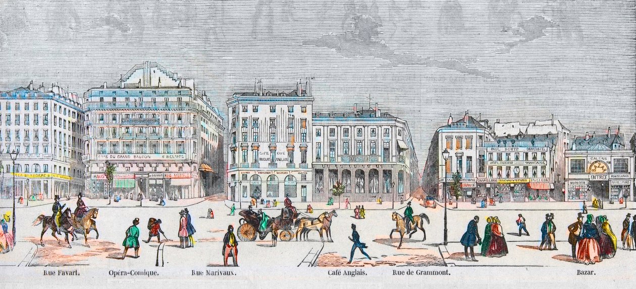 Boulevard des Italiens södra sida - Rue Favart - Opera comique - Rue Marivaux - Engelskt café - Rue Grammont - Bazaar - Gravyr i "Tableau-de-Paris"" av Edmond Texier 1852 av French School