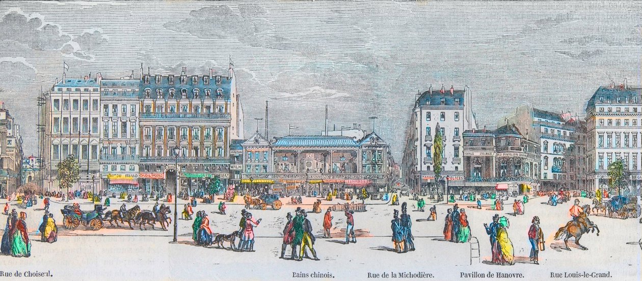 Boulevard des Italians södra sidan och Boulevard des Capucines södra sidan - rue de Choiseul - Kinesiska bad - rue de la Michodiere - Pavillon de Hannover - rue Louis-le-Grand - Gravyr i "Tableau-de-Paris" av Edmond Texier 1852 av French School