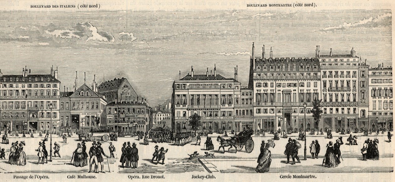 Boulevard des Italiens och boulevard Montmartre - Cafe Mulhouse - Cercle Montmartre - Jockeyklubb - Gravyr i "Tableau-de-Paris" av Edmond Texier 1852 - av French School
