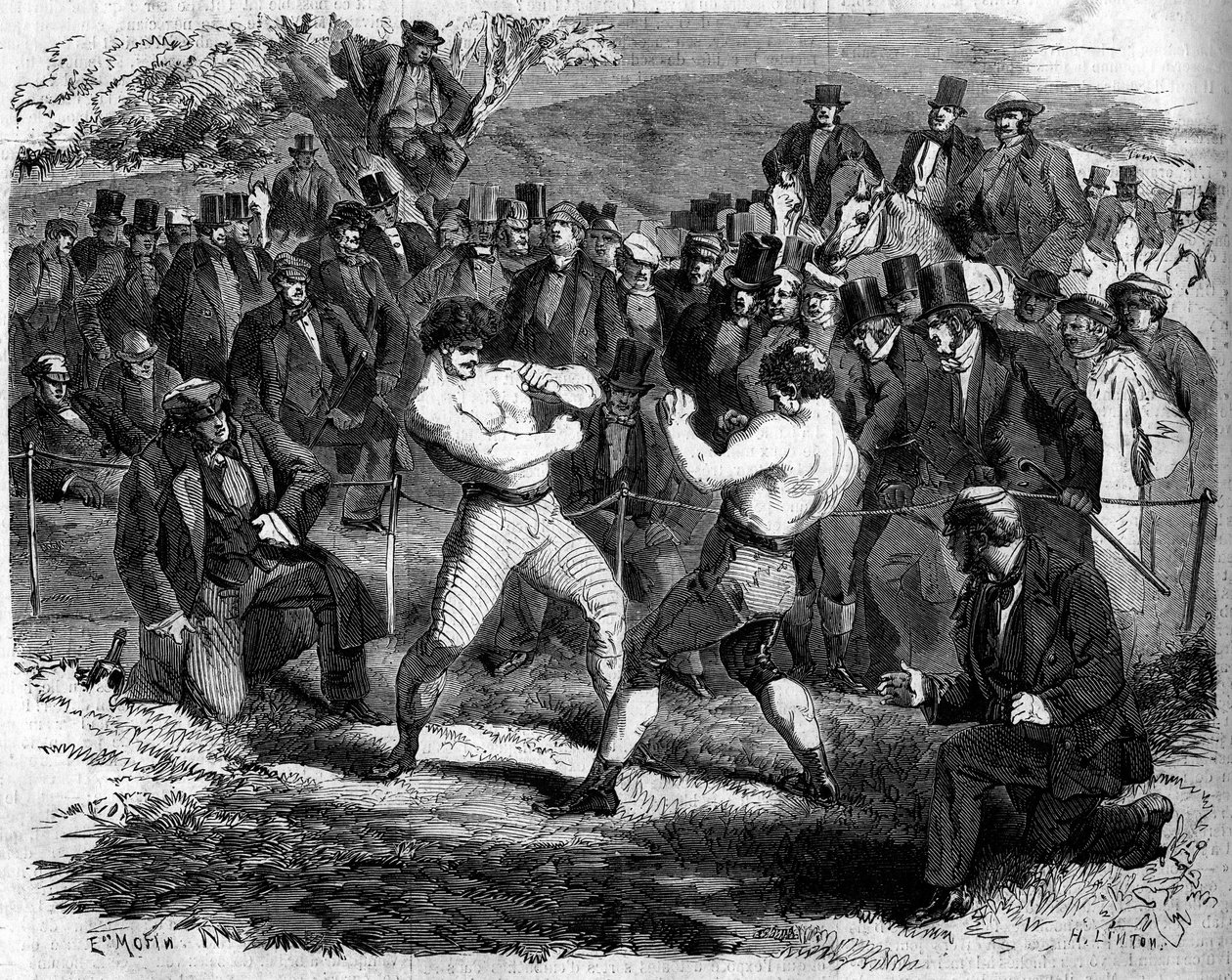 Boxningskamp mellan engelska Thomas Sayers (1826-1865) och amerikanen John Carmel Heenan (1833-1873) i Aldershot, England, 17 april av French School
