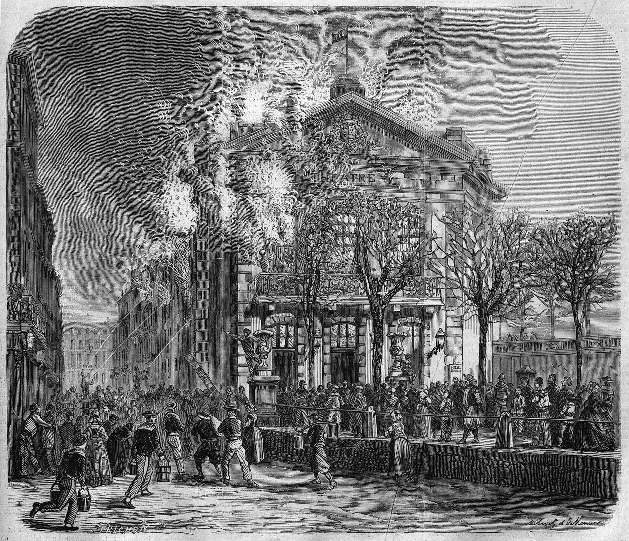 Brest, teaterbranden den 11 mars 1866, byggd 1766 av Choquart de Lindu, gravering efter en teckning av Clerget och Moraine och efter ett fotografi av bröderna Mage, i "The Illustrated Universe"", 24/03/1866. av French School