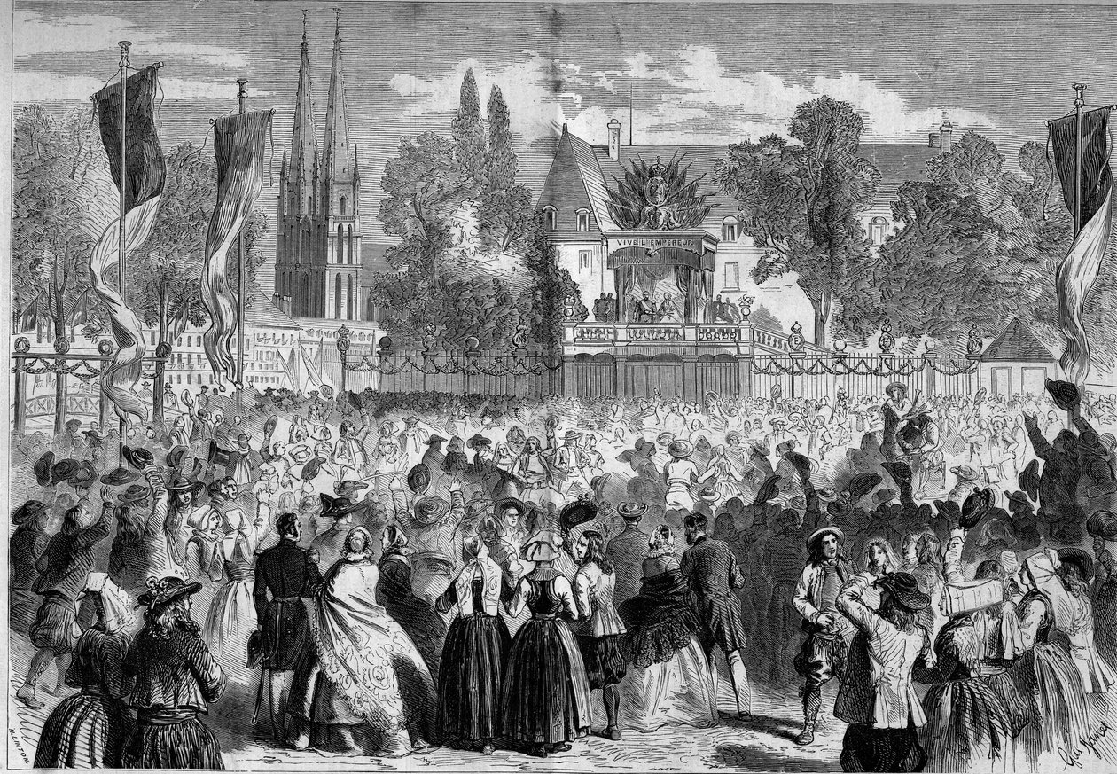 Breton Ball på slagfältet vid Quimper (Finistere, 29) i närvaro av Napoleon III (1808-1873) och imponerande Eugenie (1826-1920). Gravyr i "" Le Monde Illustré"" nr 72 den 28 augusti av French School
