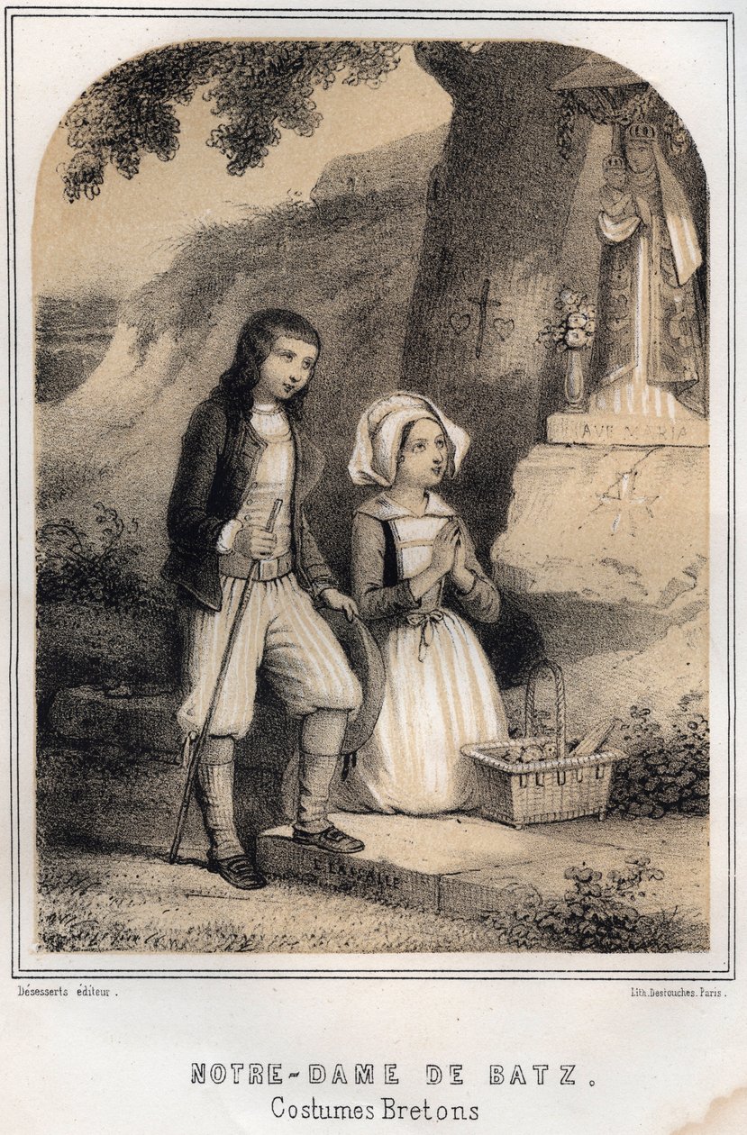 Bretonska kostymer - Notre-Dame de Batz - gravering i "THE SOURIES OF MY FOUR MEMORIES AND TRAVEL RECITTS" av MORING MICHEL - Slutet av 1800-talet av French School