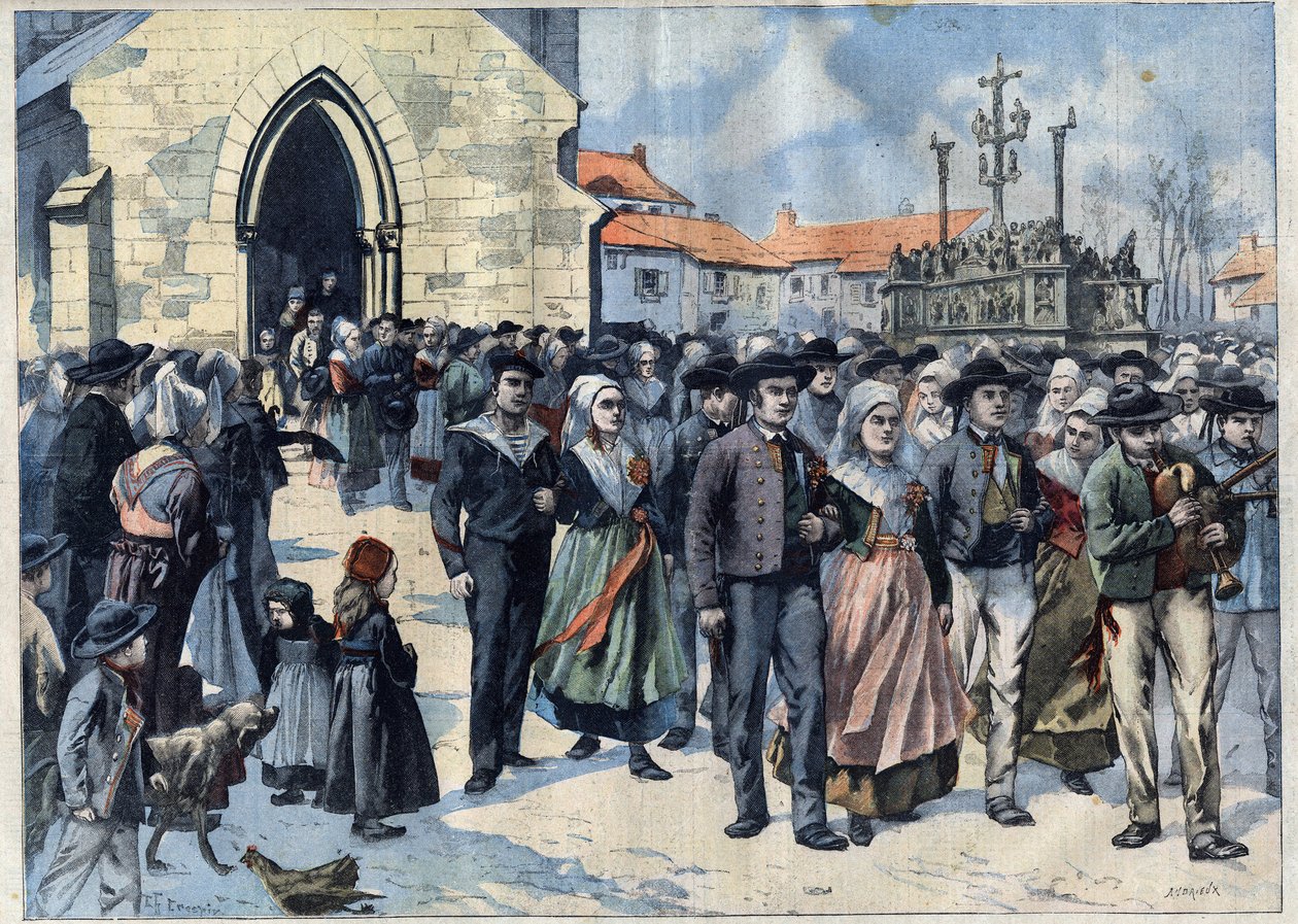 Bretonsk sed: Traditionellt äktenskap i Plougastel (Finistere, Bretagne). Äktenskap lämnar kyrkan. Gravyr i "" Le Petro Parisien"" av French School