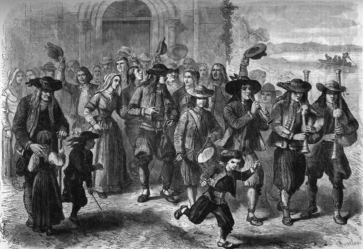 Bretonsk sed: par unga äktenskap vid utgången av kyrkan. På toppen av kortegen finns spelare av biniou och trumma. Treguennec, Finistere (29) av French School