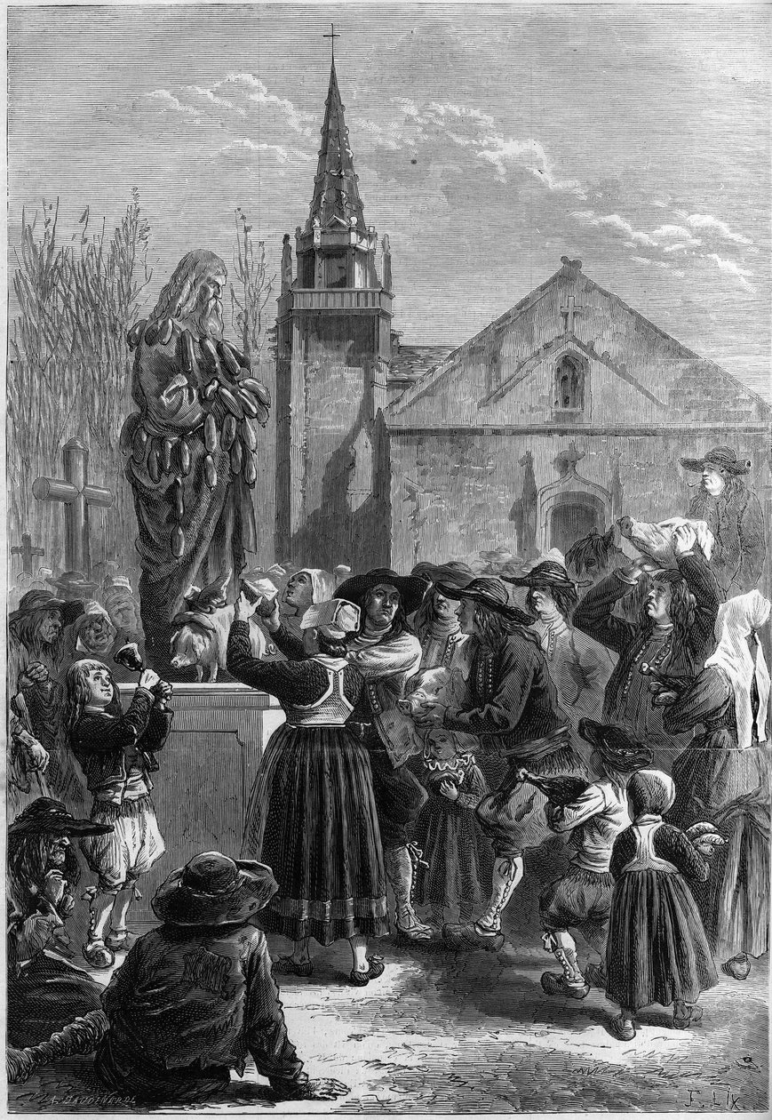 Bretonsk sed: "festar goadgennon" eller "the fete des boudins". Invånarna i en by täcker med strumpor en staty av Sankt Antonius den store (eller Sankt Antonius Eremiten eller Sankt Antonius Abbe). Vissa bönder tar med sig ett grishuvud. Gravyr i "" Le Mon av French School